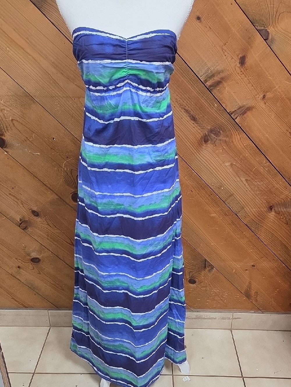 Tommy Bahama Strapless Blue & Green Stripe Maxi Dress Small